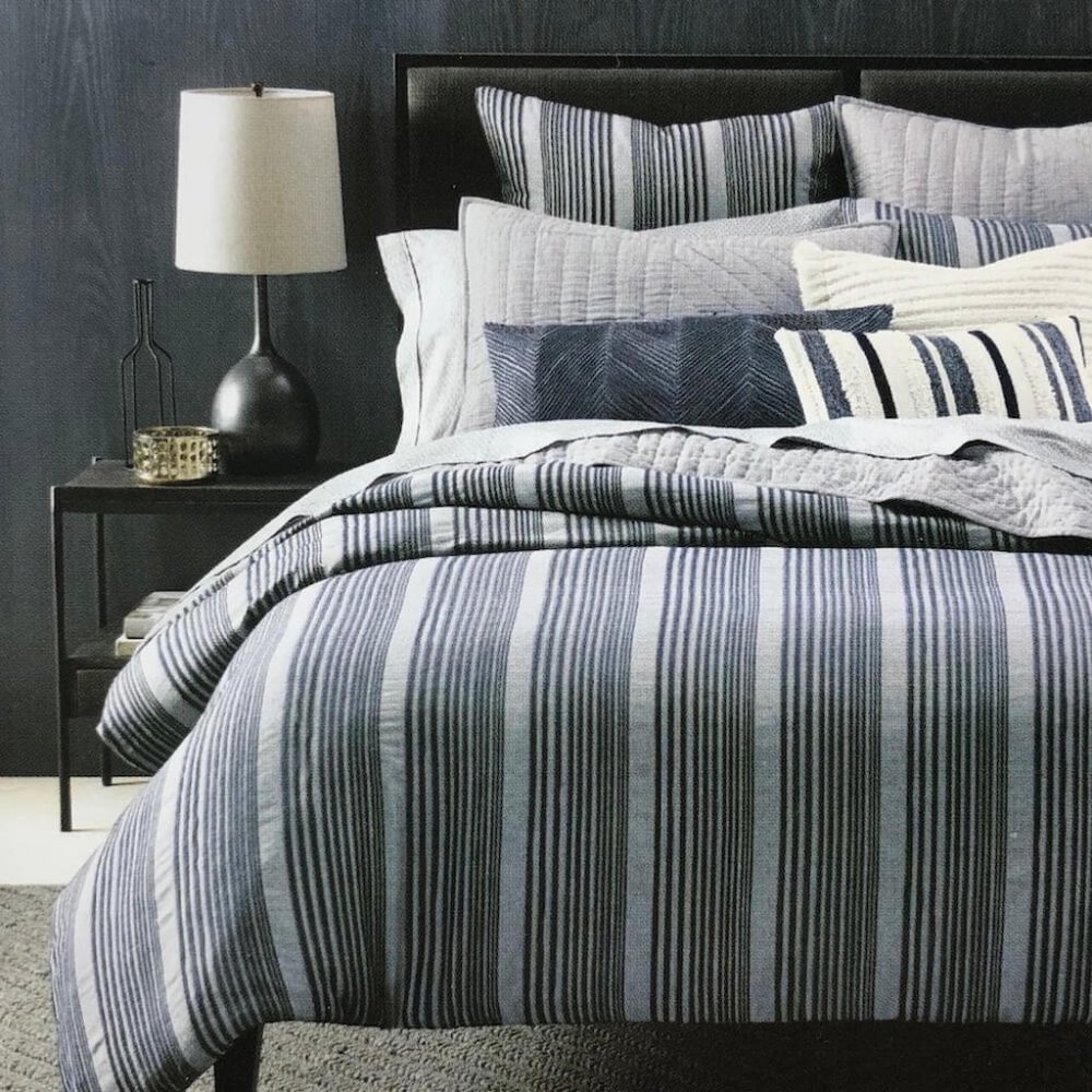 Oake Chambray Pleated Stripe KING Duvet Cover BLUE / GRAY